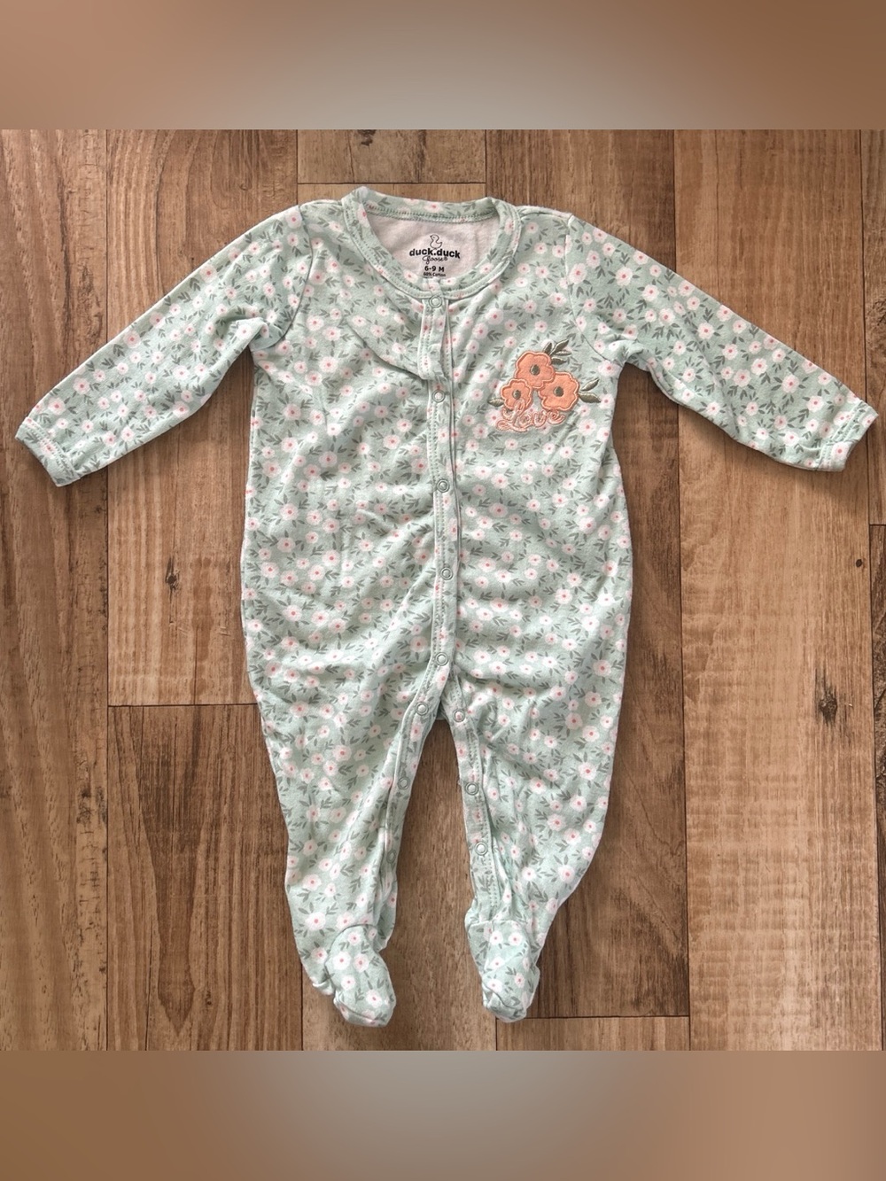 Baby Girl Green & Coral Pink Floral Print Footed Sleeper size 6-9 months